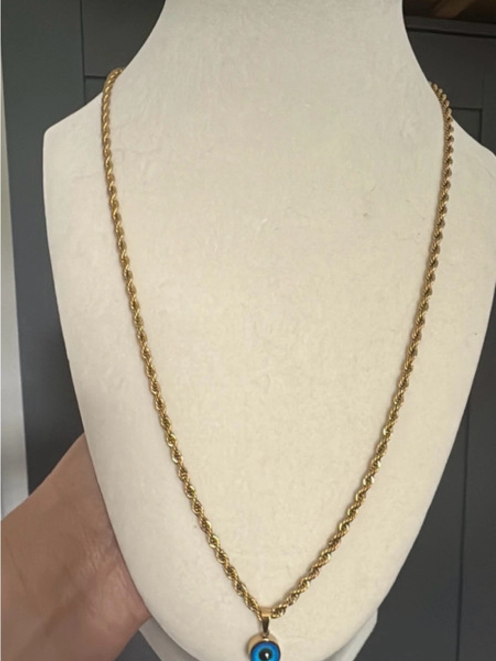 Gold Rope Chain Necklace with Blue Evil Eye Pendant